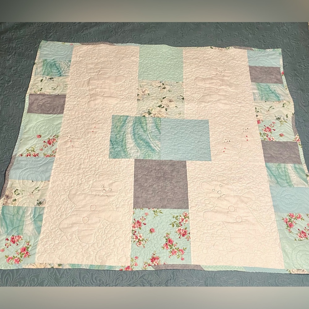 Floral Patchwork Baby Quilt in Blue and Cream